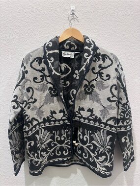 Vintage Flashback Black White Damask Tapestry Cotton‎ Cardigan Jacket Shawl M
